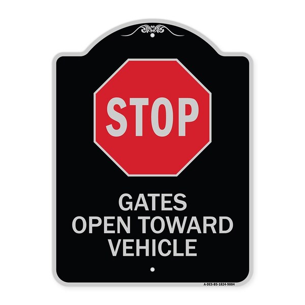Designer Series-Stop Gates Open Toward Vehicle Black & Silver Alum, 24" x 18", BS-1824-9884